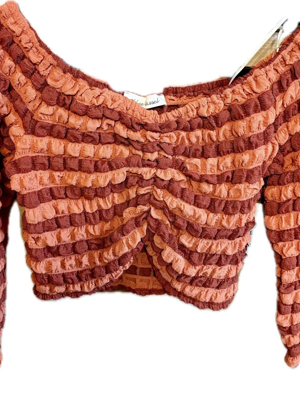 Ruffled Stripe Ruched Crop Top in Rust & Rose